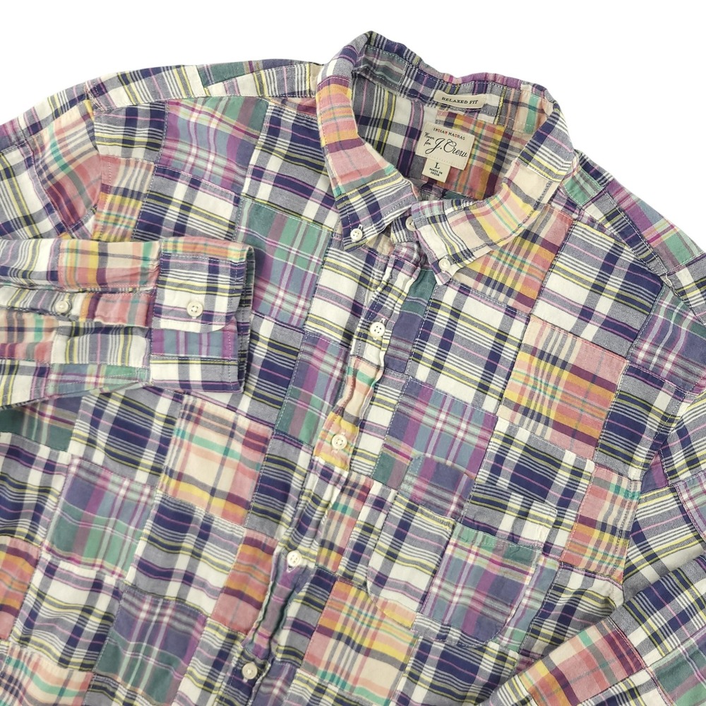 J.Crew Indian Madras Shirt Mens L Patchwork Plaid Long Sleeve Button Down Casual